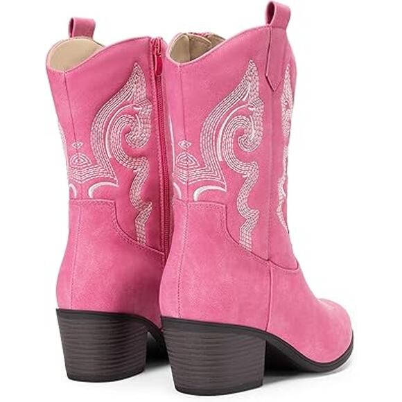 Dream Pairs Womens 8.5 Faux Pink Leather 2.25" Block Heel Mid Calf Cowboy Boots - Picture 4 of 8
